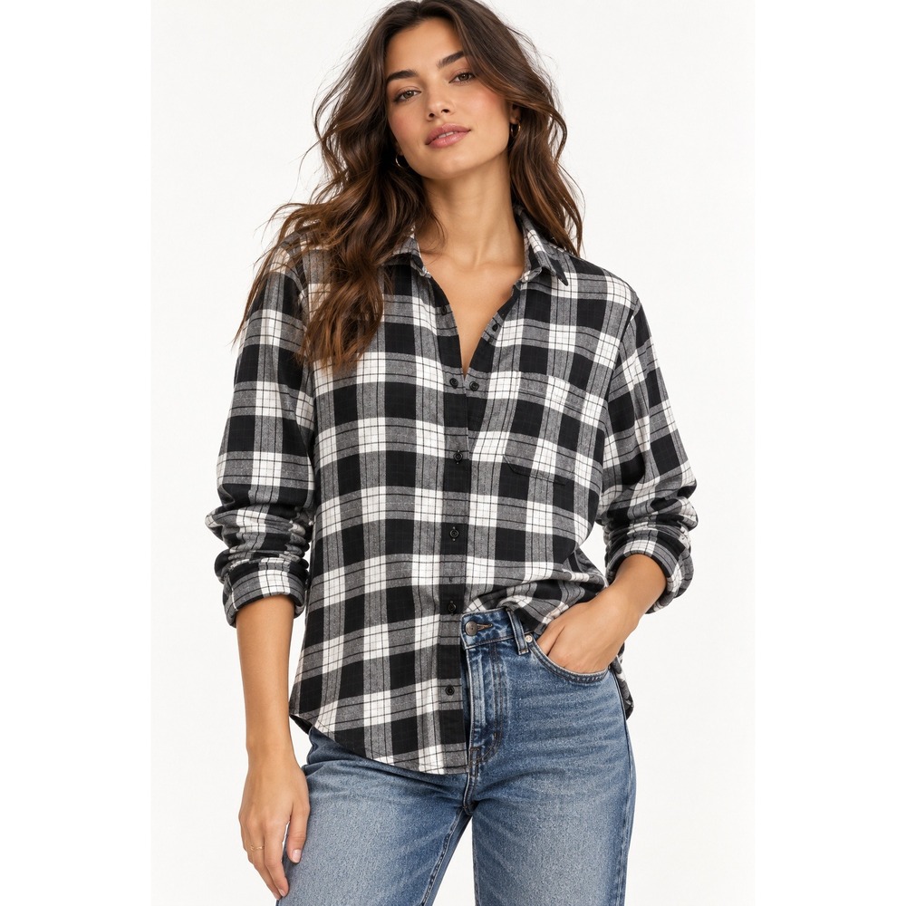 Open Edit Womens Black White Plaid Flannel Button Down Shirt Size Medium